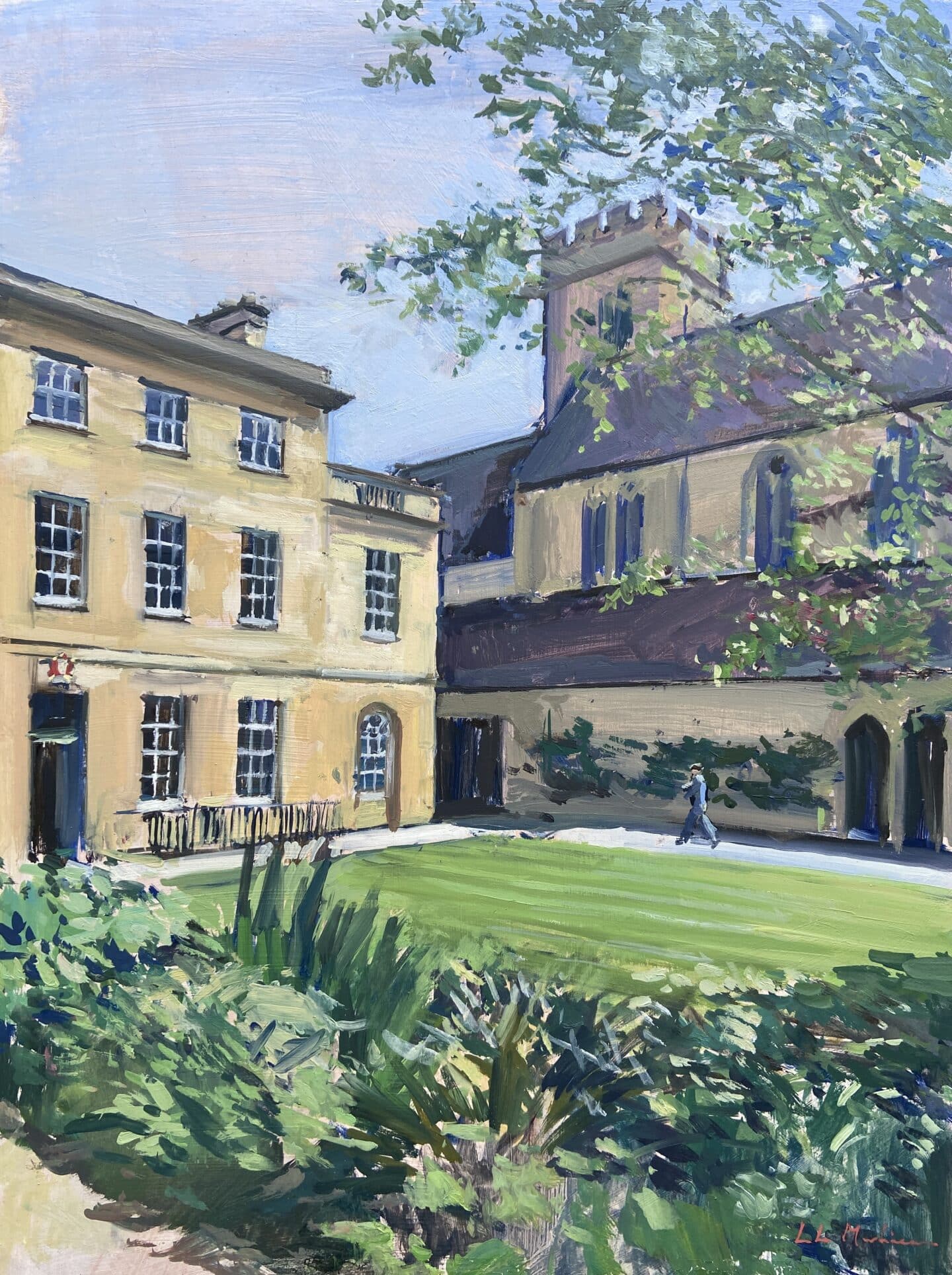 a painting of an Oxford college quad in sunshine
